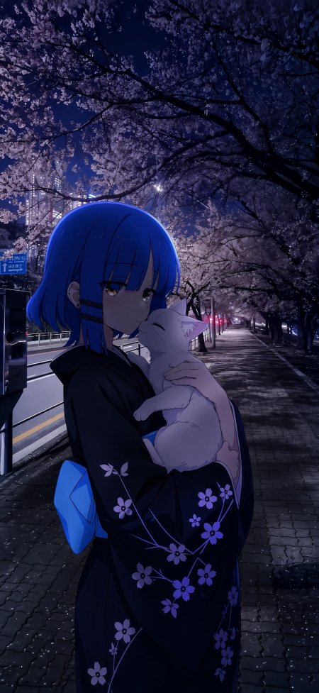 孤独摇滚山田凉蓝发和服抱白猫夜樱街道静谧动漫少女手机壁纸