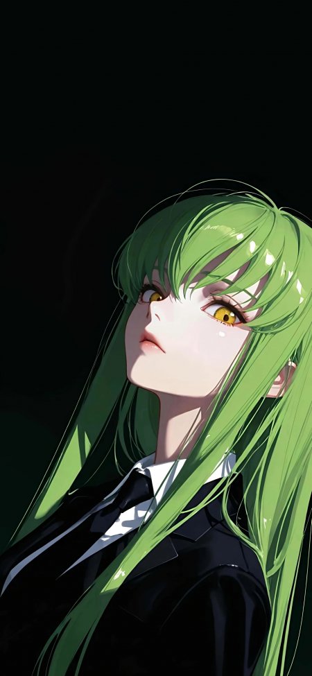 绿发金瞳少女仰望黑背景动漫手机壁纸