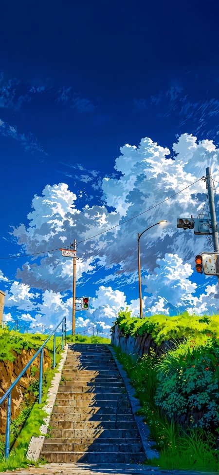 石阶通向蓝天白云绿植环绕清新风景手机壁纸