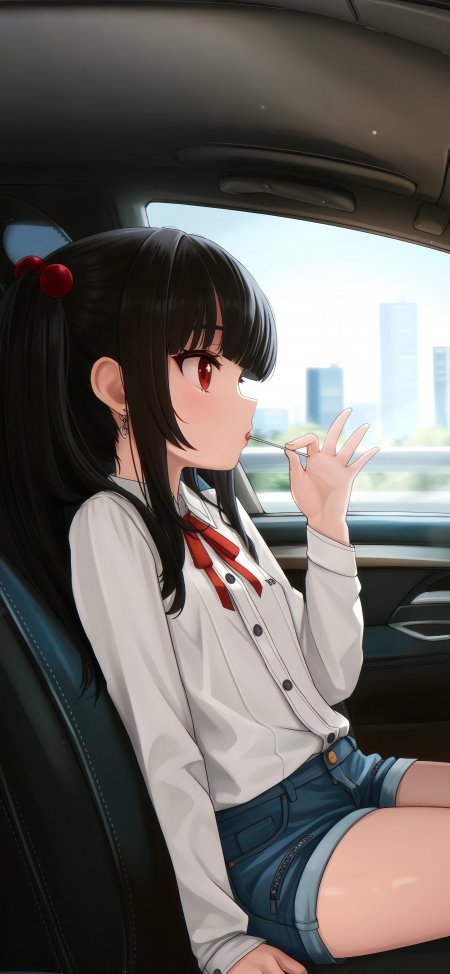 黑发红瞳少女车内侧坐白衫蓝短裤动漫手机壁