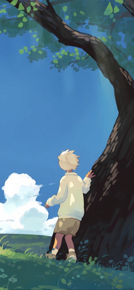 动漫少年仰望大树蓝绿清新插画手机壁纸