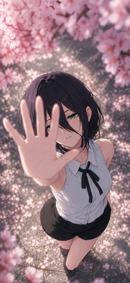 黑发绿眼少女伸手樱花粉紫动漫手机壁纸