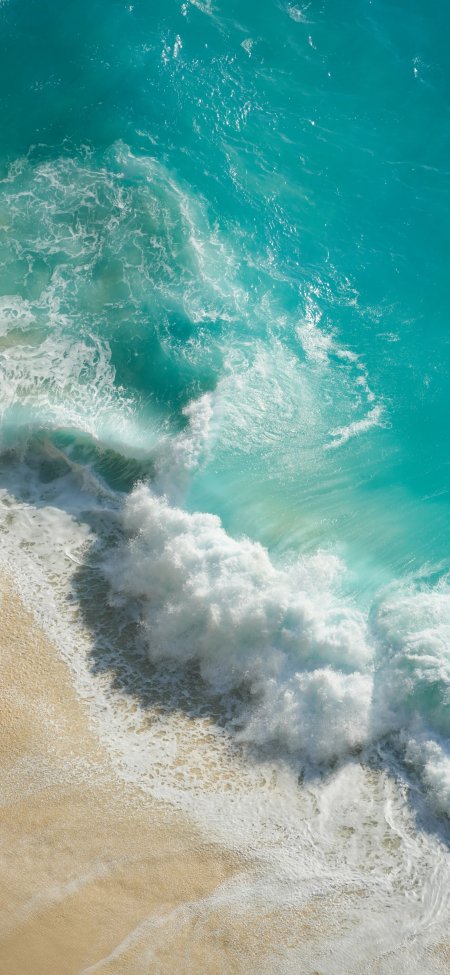 碧海白浪拍岸金滩蓝绿风景手机壁纸