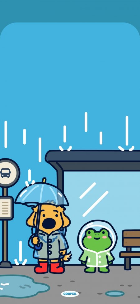 雨中公交站小狗青蛙撑伞蓝绿卡通手机壁纸