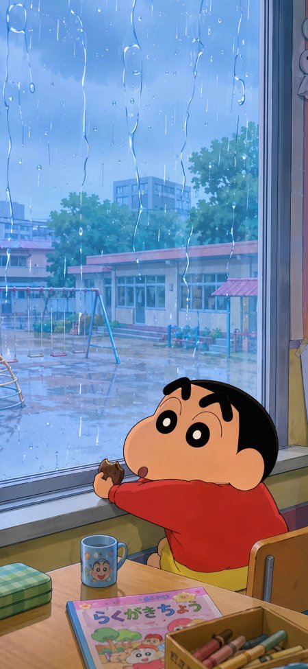 蜡笔小新窗边吃饼干蓝雨校园动漫手机壁纸