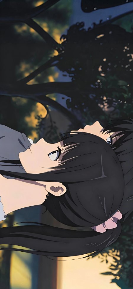 黑发少女仰望树影蓝金动漫手机壁纸