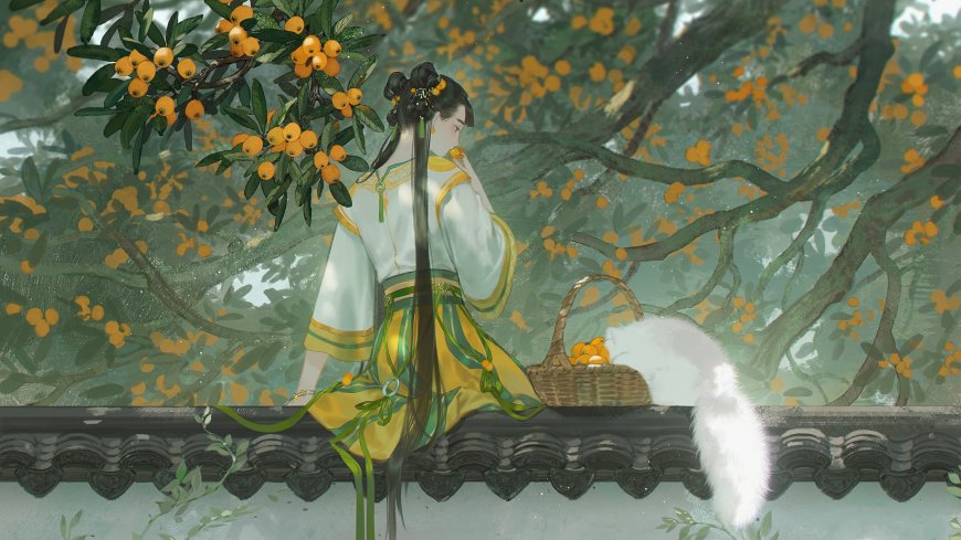 古风少女坐屋檐摘枇杷青绿唯美电脑壁纸