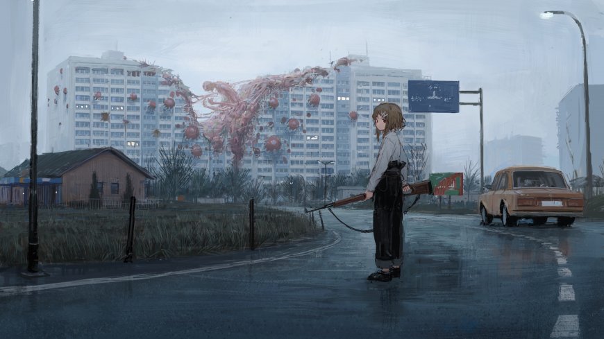 棕发少女持枪雨夜街道巨型怪物末世风插画手机壁纸