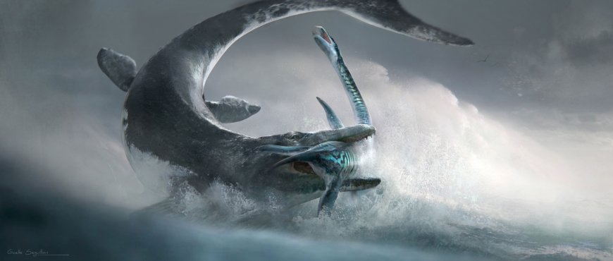 沧龙与蛇颈龙海中搏斗暗蓝奇幻插画电脑壁纸
