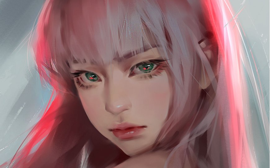粉发绿瞳少女红光渲染唯美动漫电脑壁纸