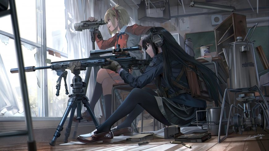 少女持狙击枪室内瞄准灰蓝动漫电脑壁纸