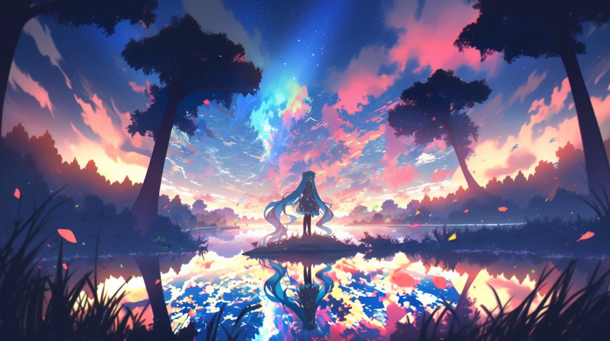初音未来湖畔仰望星空粉紫梦幻动漫电脑壁纸