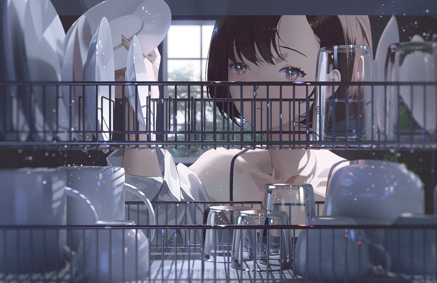 动漫少女厨房洗碗蓝灰唯美电脑壁纸