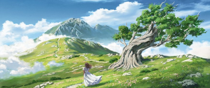 少女白裙山野古树绿意盎然风景电脑壁纸
