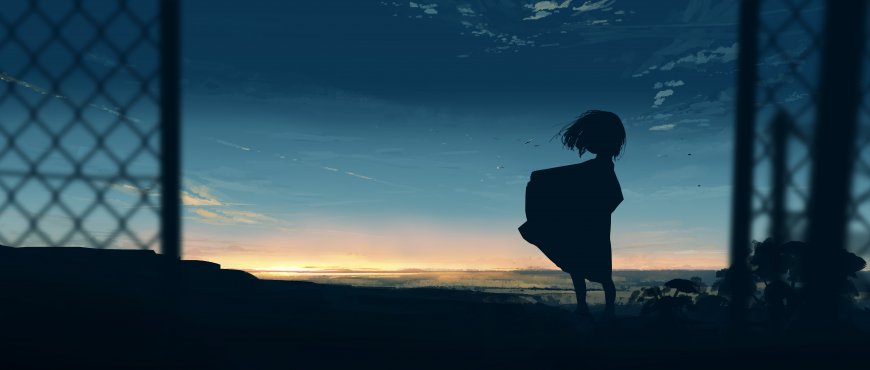剪影少女眺望黄昏蓝金动漫电脑壁纸