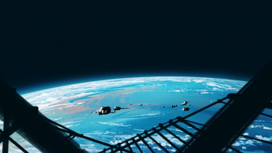 地球弧线舰队巡航蓝黑太空科幻电脑壁纸