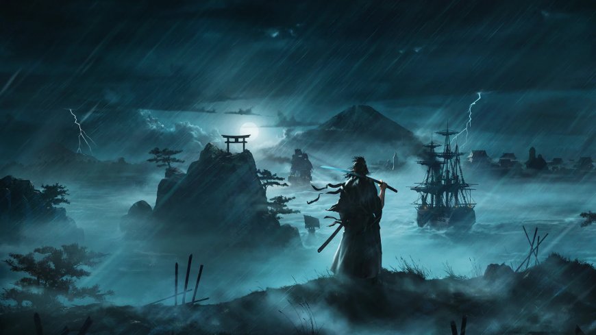 雨夜武士持剑远眺富士山蓝黑奇幻电脑壁纸