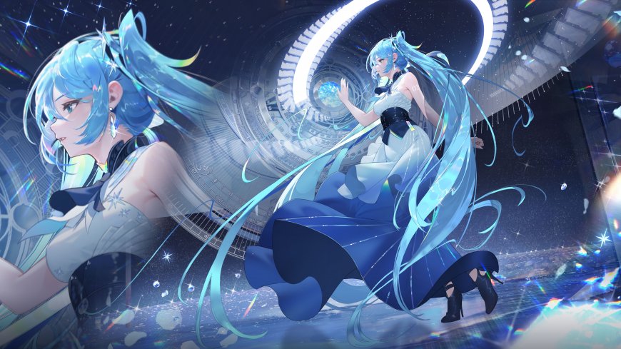 初音未来蓝发双姿科幻舞台蓝紫动漫电脑壁纸