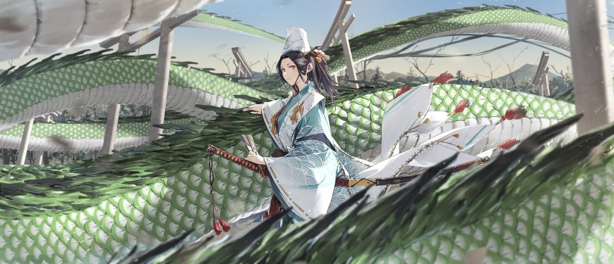 阴阳师神乐少女持剑青龙环绕古风动漫电脑壁