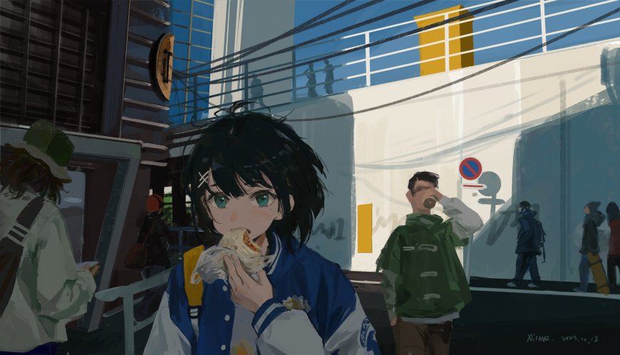 黑发绿眼少女街边吃食蓝白动漫电脑壁纸