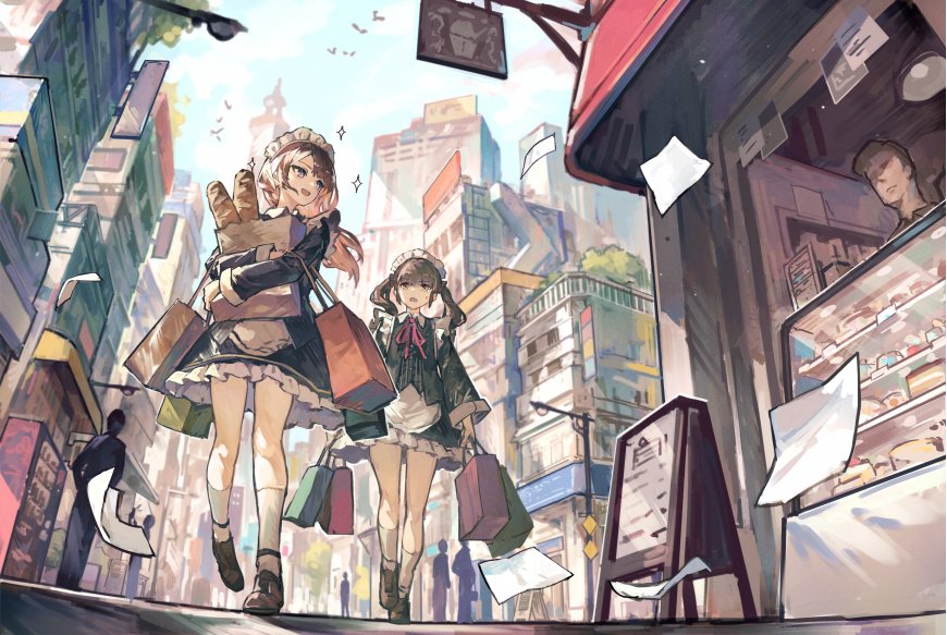 双马尾女仆少女街头购物暖金动漫电脑壁纸