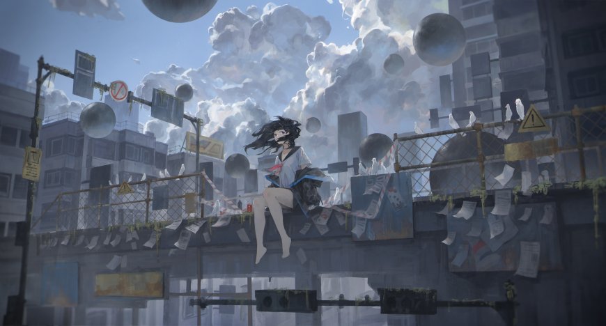 废墟城市黑发少女坐栏杆灰蓝奇幻动漫电脑壁