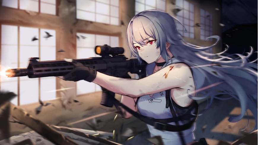少女前线银发红瞳持枪射击废墟战场动漫少女手机壁纸