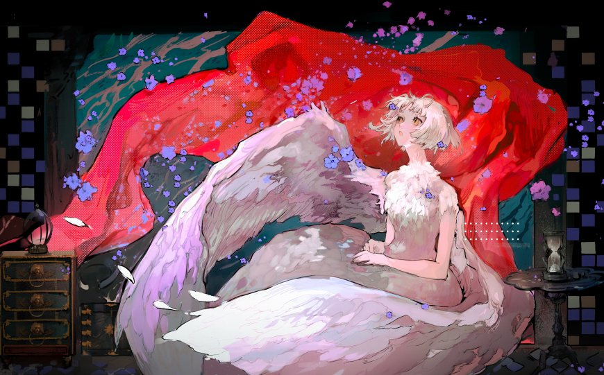 白发少女羽翼红绸紫花梦幻动漫电脑壁纸