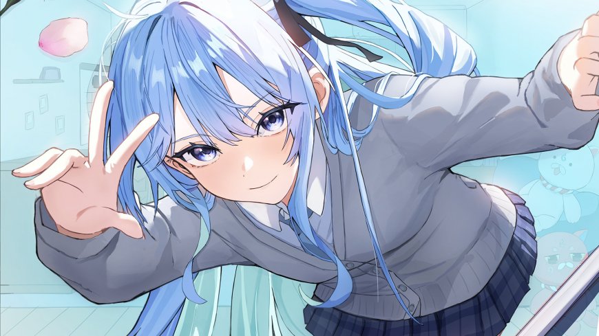 蓝发少女比耶微笑浅蓝动漫电脑壁纸