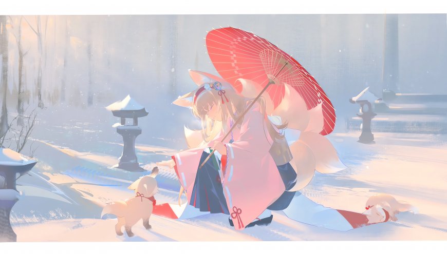 狐耳少女雪中持红伞粉白古风动漫电脑壁纸