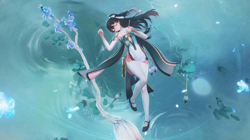鸣潮折枝黑发水墨风漂浮水面蓝花涟漪唯美游戏立绘手机壁纸