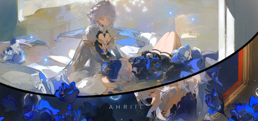 原神芙宁娜那维莱特蓝玫瑰梦幻光影同人插画手机壁纸