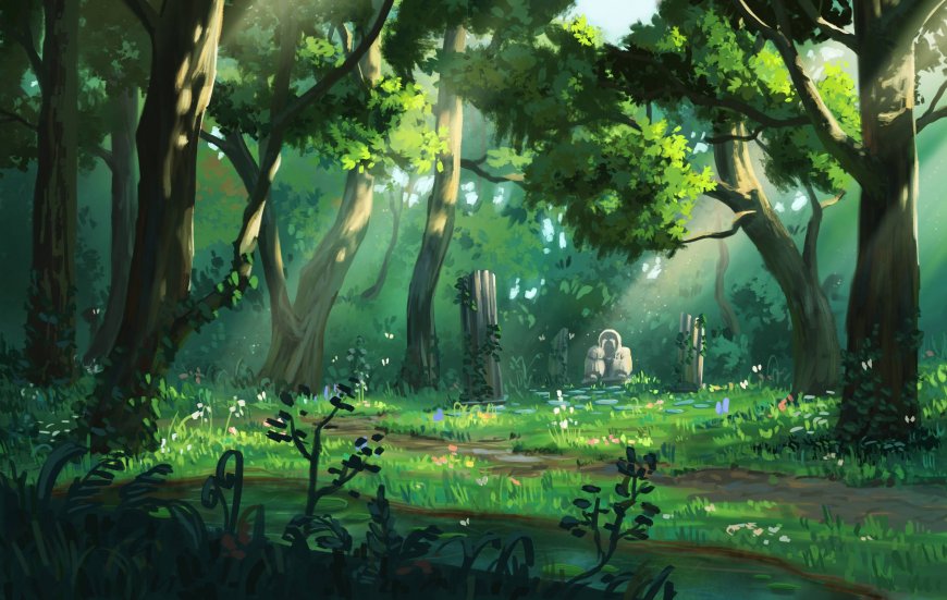 森林秘境阳光斑驳绿意盎然风景插画脑壁纸