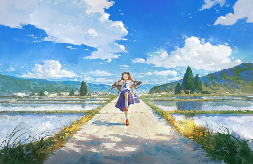 少女奔跑稻田小径蓝白清新动漫电脑壁纸