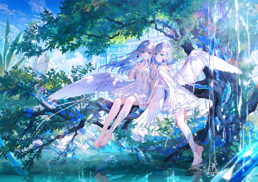 双生天使少女树梢休憩蓝绿梦幻动漫电脑壁纸