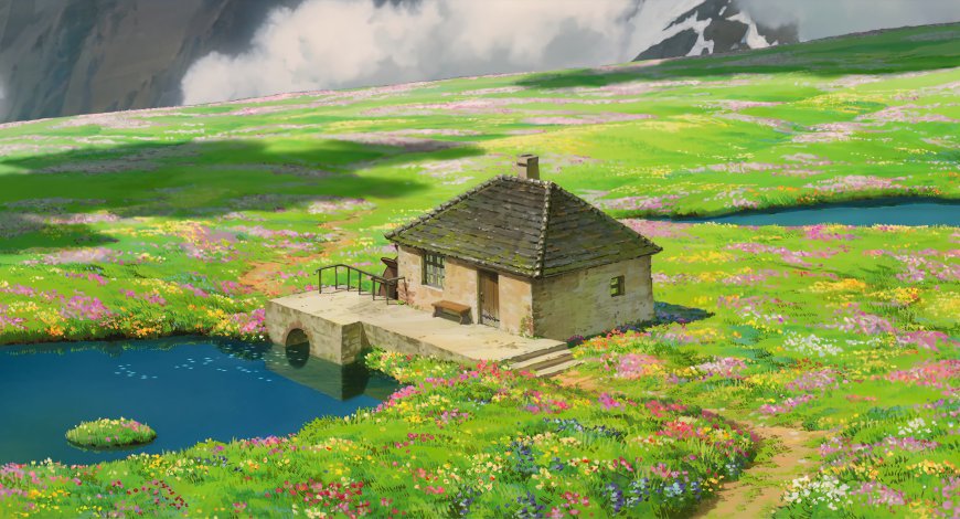 宫崎骏吉卜力风山间小屋花海环绕蓝绿风景电脑壁纸