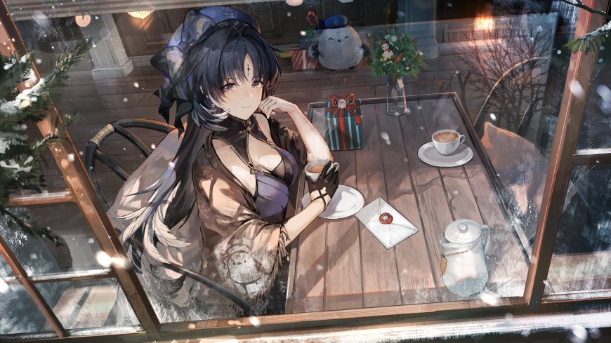 鸣潮秧秧雪夜咖啡馆旗袍捧杯温馨冬日插画手机壁纸