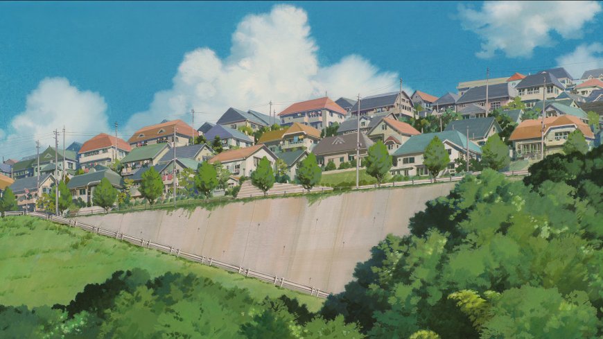山坡小镇房屋错落绿意盎然蓝白风景电脑壁纸