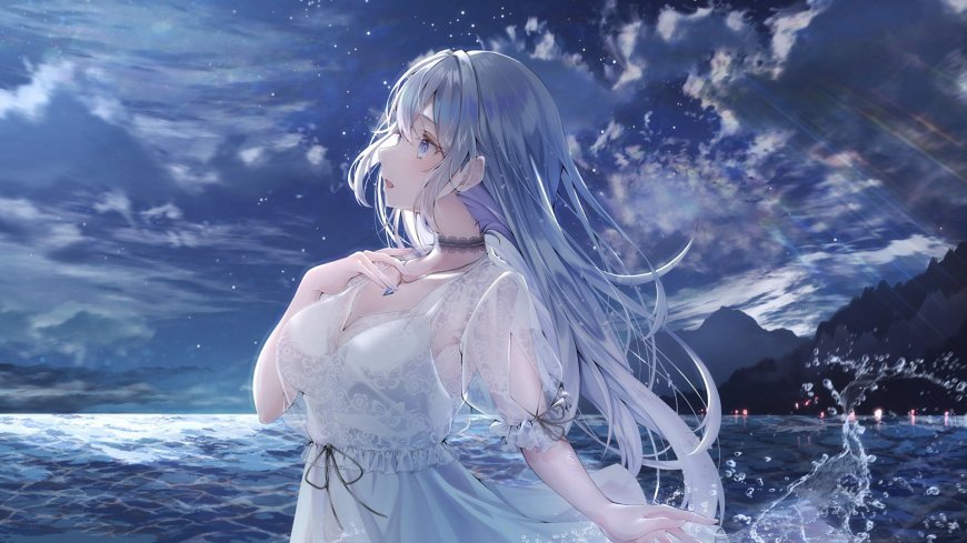 KasakaiHikaru白裙少女海边踏浪星空唯美风景动漫电脑壁纸