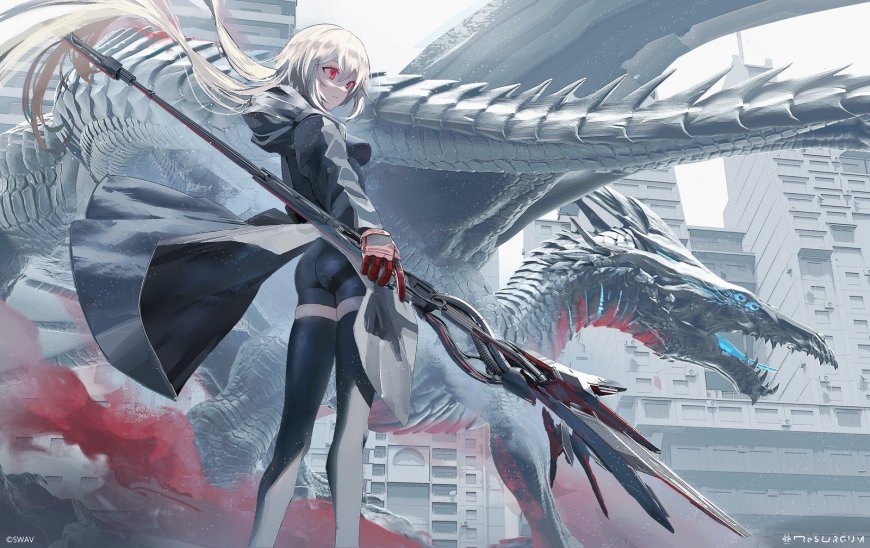 SWAV原创银发少女持长枪与巨龙城市背景动漫手机壁纸
