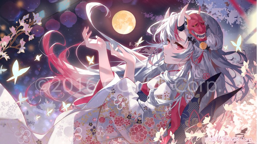 hololive百鬼绫目银发鬼角和服满月蝴蝶梦幻少女动漫手机壁纸