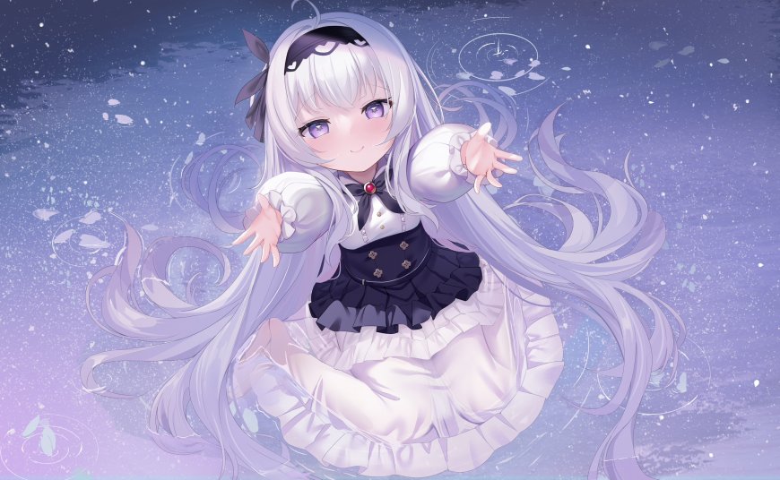 白发紫瞳少女伸手微笑洛丽塔裙动漫少女电脑壁纸