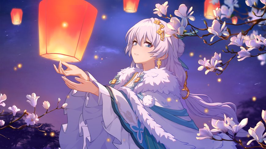 崩坏三德丽莎观星白发花灯玉兰花夜景少女动漫电脑壁纸
