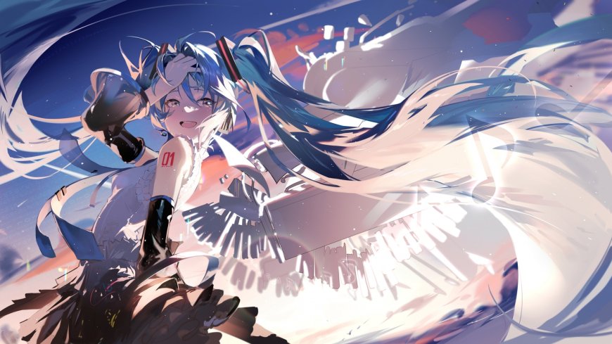 初音未来蓝发双马尾动感姿态蓝紫动漫电脑壁