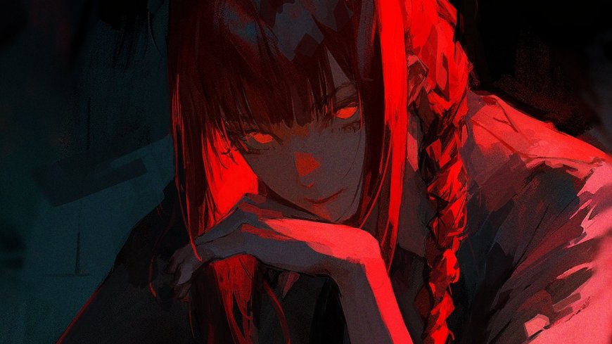 电锯人玛奇玛红发红瞳暗黑氛围托腮沉思少女动漫电脑壁纸