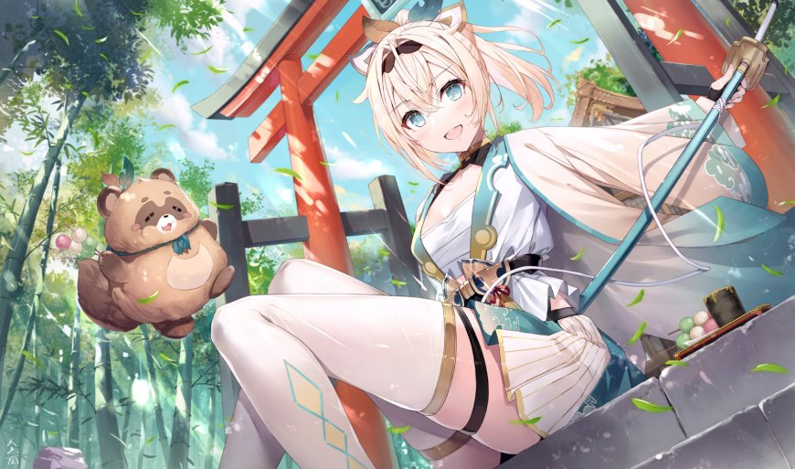 风真伊吕波持刀坐鸟居旁动漫少女电脑壁纸