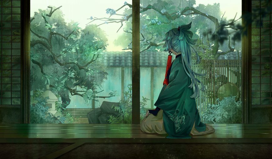 古风庭院窗边绿衣长发少女跪坐赏雨景唯美动漫电脑壁纸