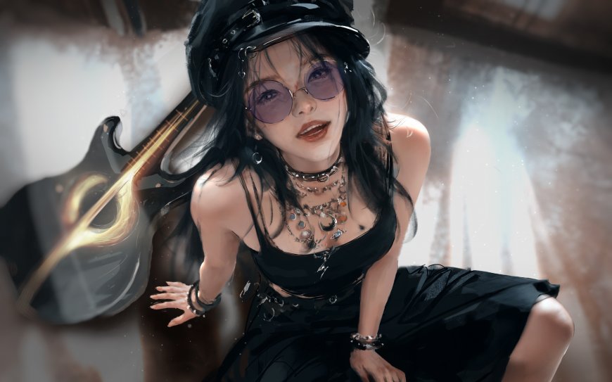 厚涂风格黑发墨镜贝雷帽吉他酷感美女动漫电脑壁纸