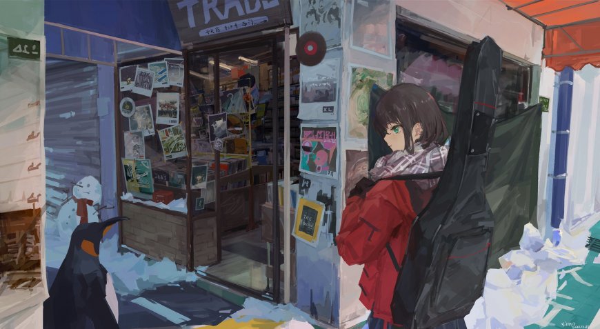 街头唱片店少女红衣黑包蓝雪动漫电脑壁纸