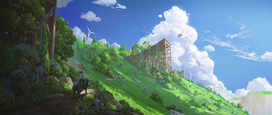 绿野山坡风车木架蓝天白云动漫插画电脑壁纸